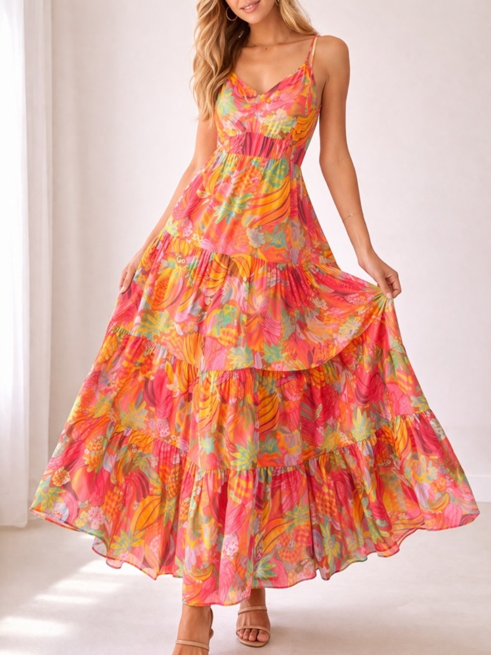 Farm Rio Tropical Fruit Tiered Midi Dress Beaded Straps Resort S